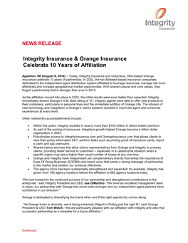 Integrity Insurance & Grange Insurance Celebrate 10 Years Of