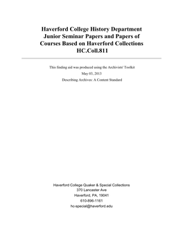 Haverford College History Department Junior Seminar Papers and Papers of Courses Based on Haverford Collections HC.Coll.811