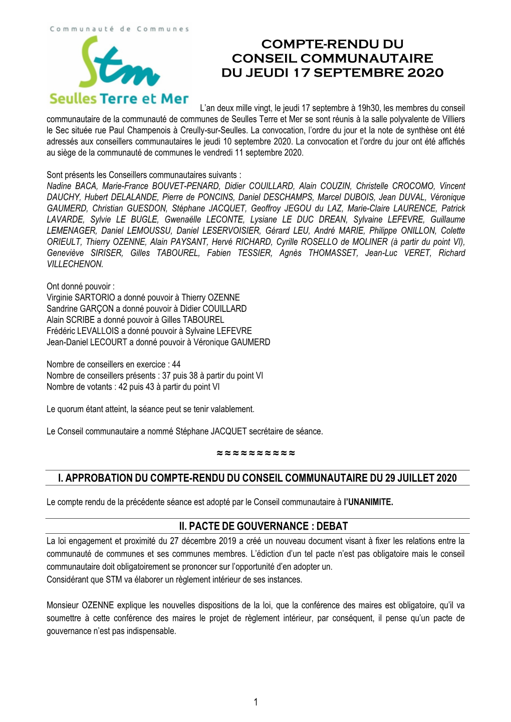 Compte-Rendu Du Conseil Communautaire Du Jeudi 17 Septembre 2020