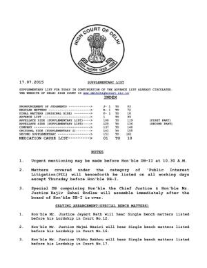 17.07.2015 MEDIATION CAUSE LIST---&gt; 01 to 10 NOTES 1. Urgent Mentioning May Be Made Before Hon'ble DB-II at 10.30 A.M