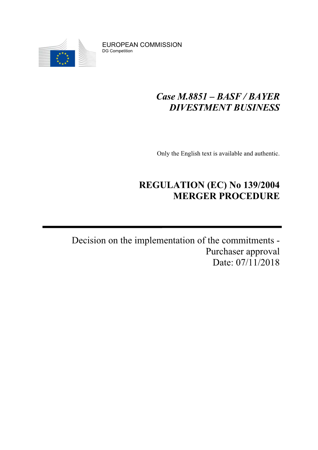 Case M.8851 – BASF / BAYER DIVESTMENT BUSINESS