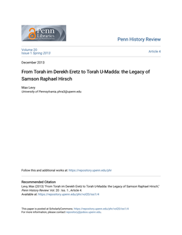 From Torah Im Derekh Eretz to Torah U-Madda: the Legacy of Samson Raphael Hirsch