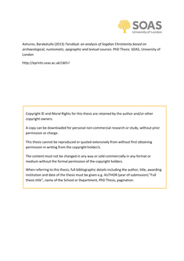 Ashurov, Barakatullo (2013) Tarsākyā: an Analysis of Sogdian Christianity Based on Archaeological, Numismatic, Epigraphic and Textual Sources