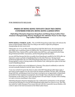 For Immediate Release Pride of Hong Kong Tiffany Chan