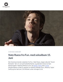 Nate Ruess Fra Fun. Med Soloalbum 15. Juni