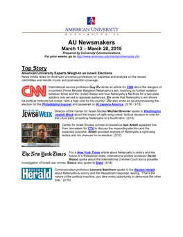 AU Newsmakers March 13 – March 20, 2015 Prepared by University Communications for Prior Weeks, Go To