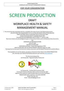 Screen Production Workplace Health & Safety Management Manual for Your Consideration