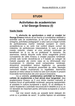 Activitatea De Academician a Lui George Enescu (I) STUDII