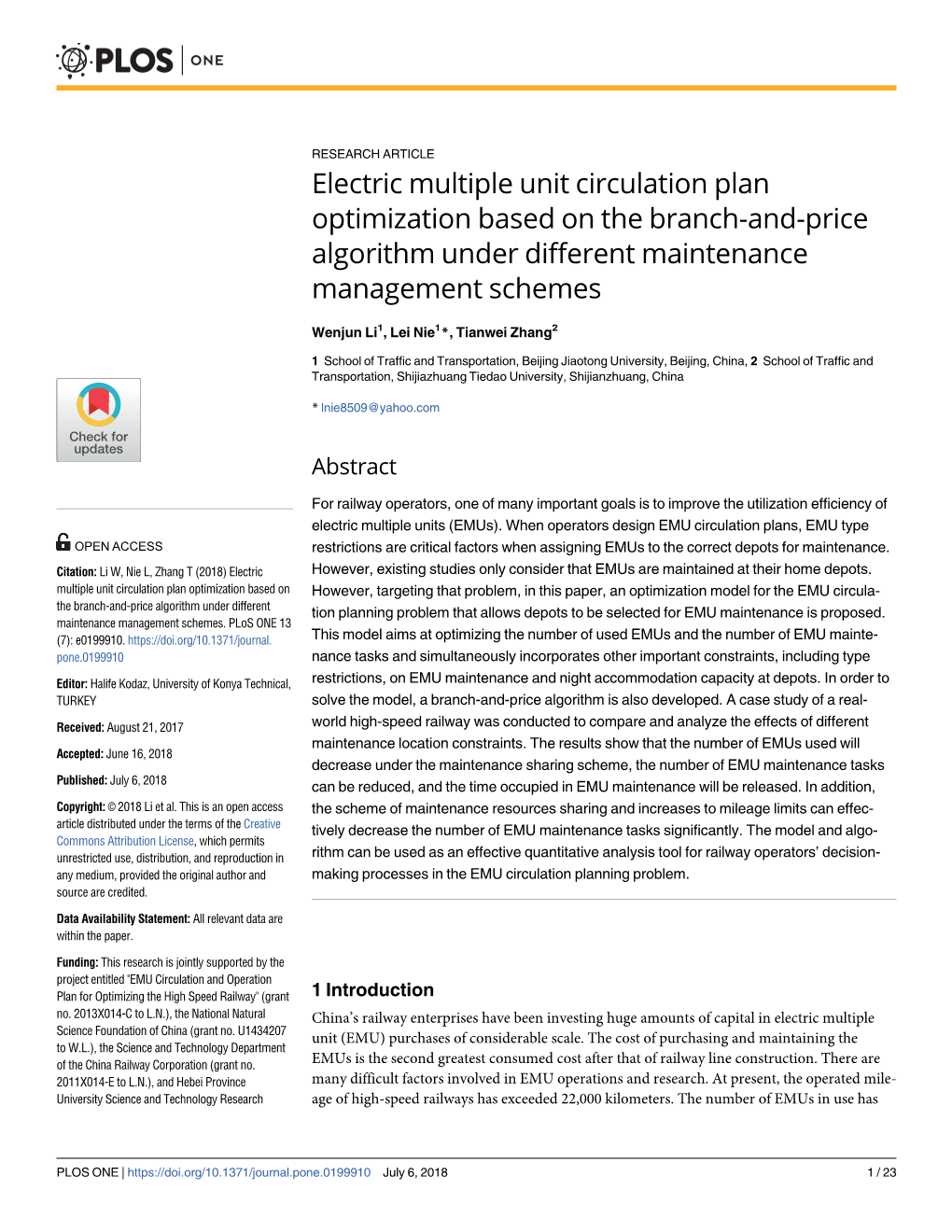 Electric Multiple Unit Circulation Plan Optimization Based on the Branch-And-Price Algorithm Under Different Maintenance Management Schemes
