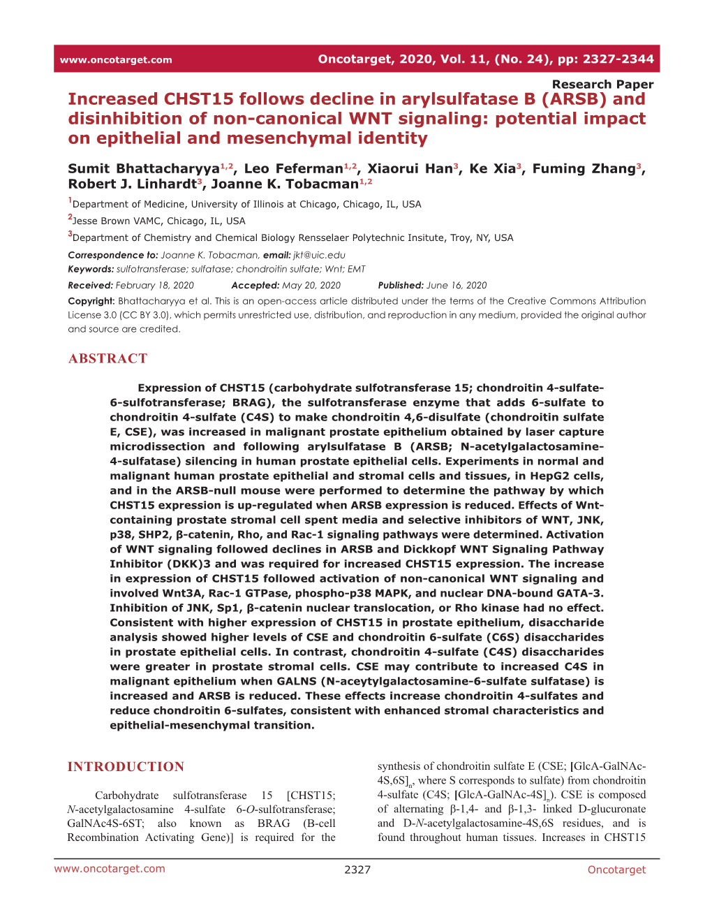 Increased CHST15 Follows Decline in Arylsulfatase B (ARSB) and Disinhibition of Non-Canonical WNT Signaling: Potential Impact on Epithelial and Mesenchymal Identity