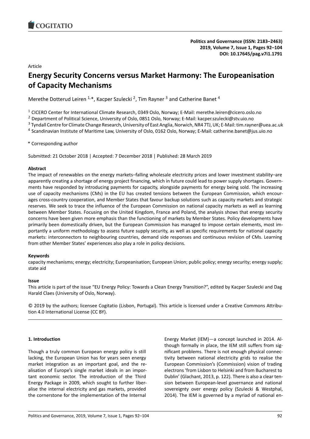 Energy Security Concerns Versus Market Harmony: the Europeanisation of Capacity Mechanisms
