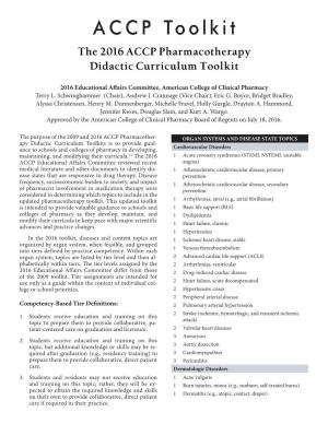ACCP Toolkit the 2016 ACCP Pharmacotherapy Didactic Curriculum Toolkit