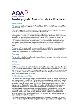 Teaching Guide: Area of Study 2 – Pop Music Introduction This Resource Is a Teaching Guide for Area of Study 2 (Pop Music) for Our A-Level Music Specification (7272)