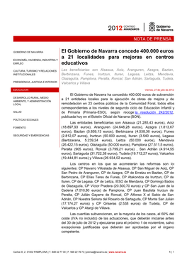 El Gobierno De Navarra Concede 400.000 Euros a 21 Localidades Para Mejoras En Centros ECONOMÍA, HACIENDA, INDUSTRIA Y EMPLEO Educativos