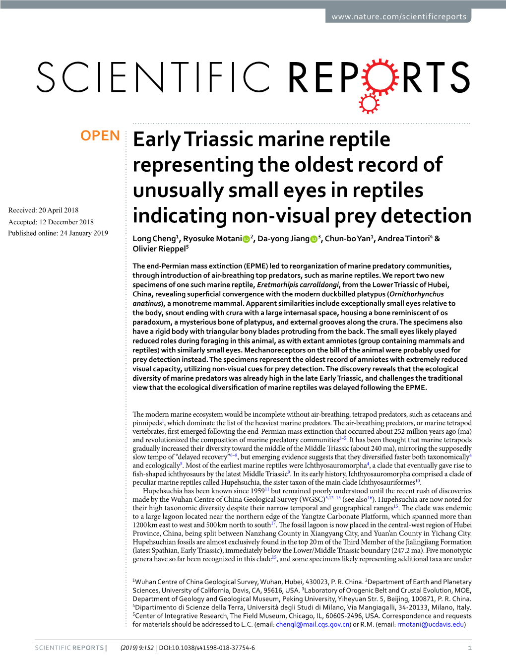 Early Triassic Marine Reptile Representing the Oldest Record Of