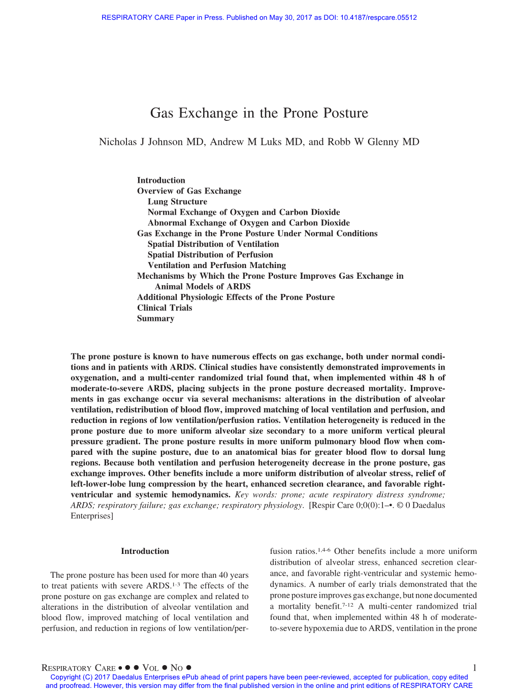 Gas Exchange in the Prone Posture