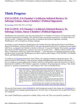 Think Progress EXCLUSIVE: US Chamber’S Lobbyists Solicited Hackers to Sabotage Unions, Smear Chamber’S Political Opponents