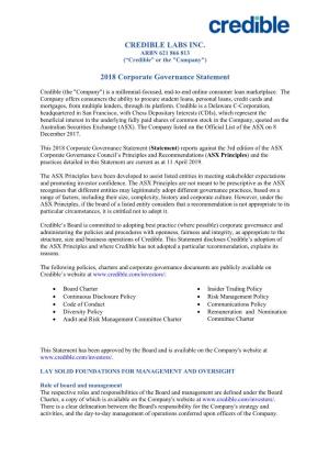 CREDIBLE LABS INC. 2018 Corporate Governance Statement