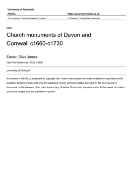 CHURCH MONUMENTS of DEVON and CORNWALL Cl660-Cl730