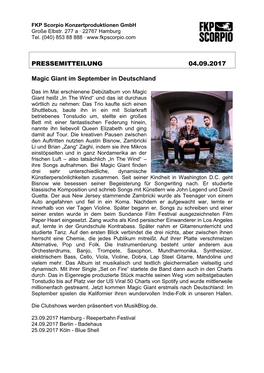 PRESSEMITTEILUNG 04.09.2017 Magic Giant Im