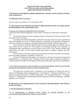 Report of Ukraine on the Application of the 1960 Convention and Recommendation Against Discrimination in Education
