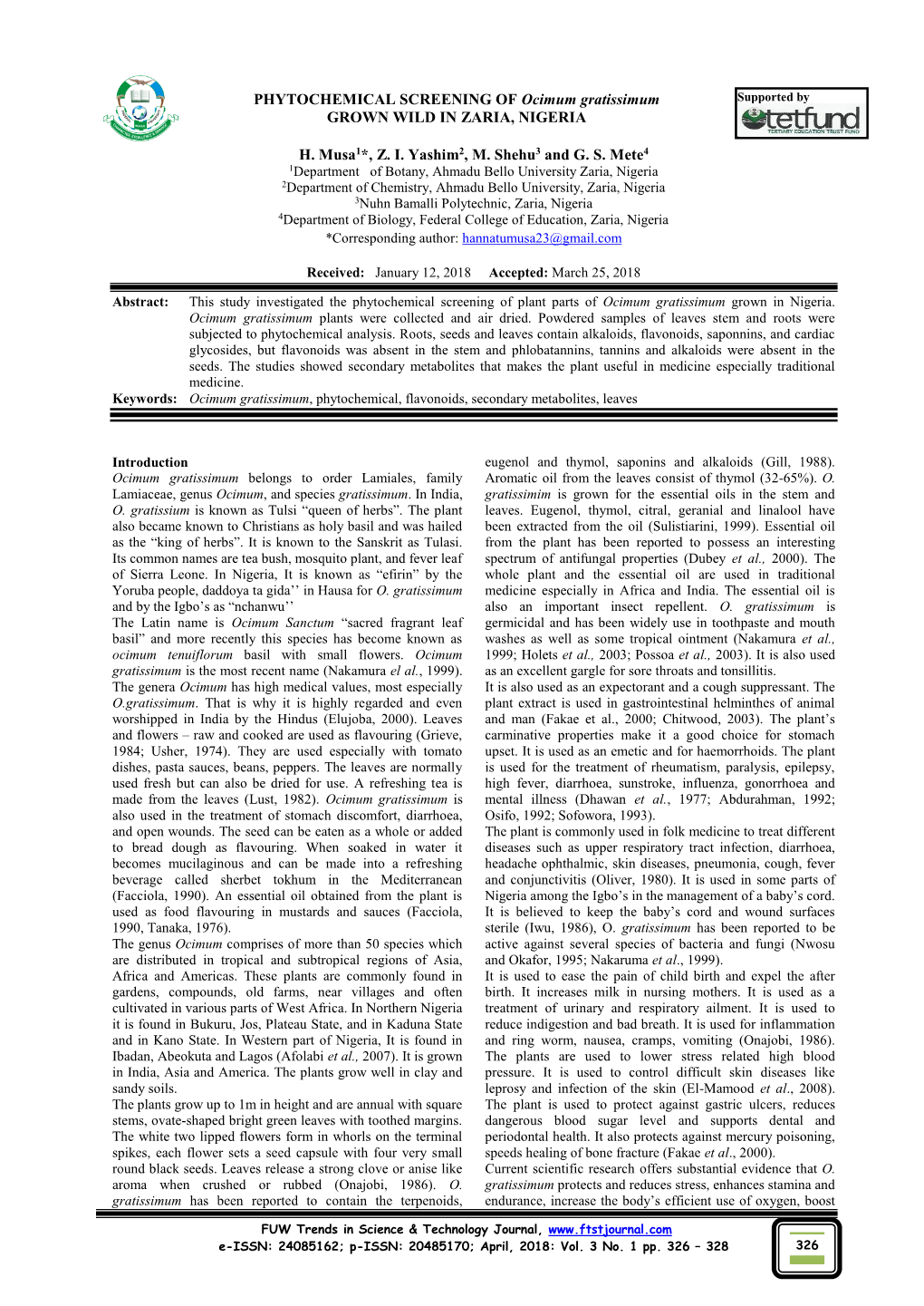 PHYTOCHEMICAL SCREENING of Ocimum Gratissimum GROWN