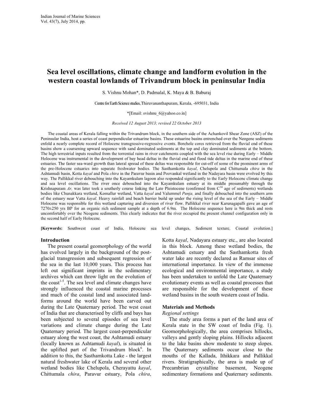 Sea Level Oscillations, Climate Change and Landform Evolution in the Western Coastal Lowlands of Trivandrum Block in Peninsular India