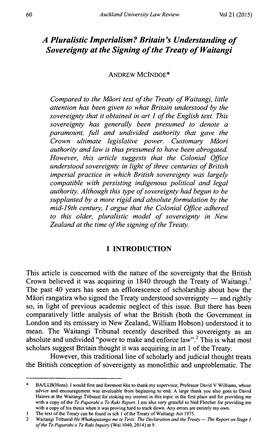 A Pluralistic Imperialism? Britain's Understanding of Sovereignty at the Signing of the Treaty of Waitangi