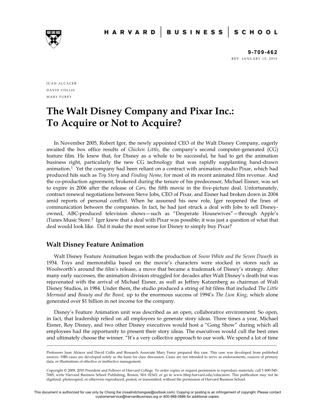 The Walt Disney Company and Pixar Inc.: to Acquire Or Not to Acquire?