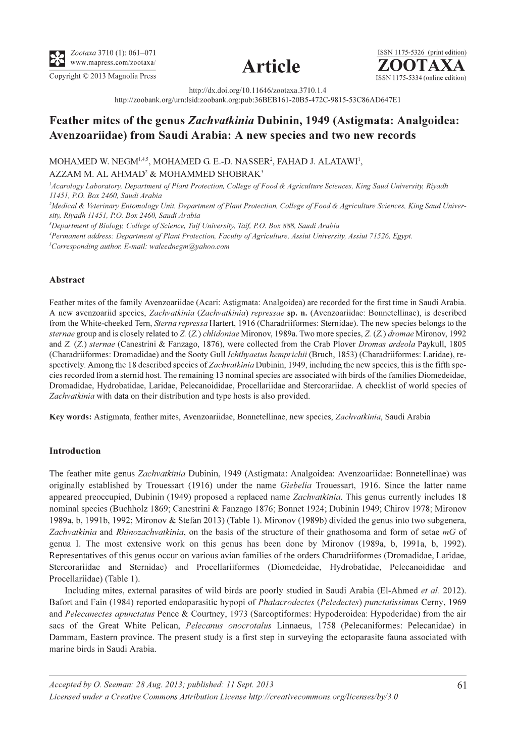 Astigmata: Analgoidea: Avenzoariidae) from Saudi Arabia: a New Species and Two New Records