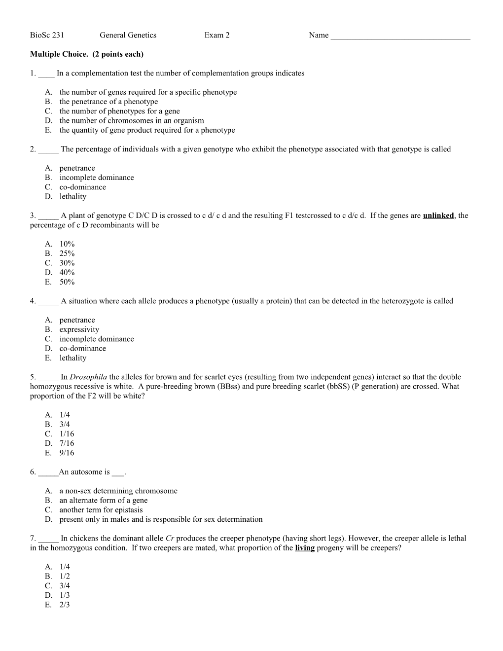 Biosc 231 General Genetics Exam 2 Name ______