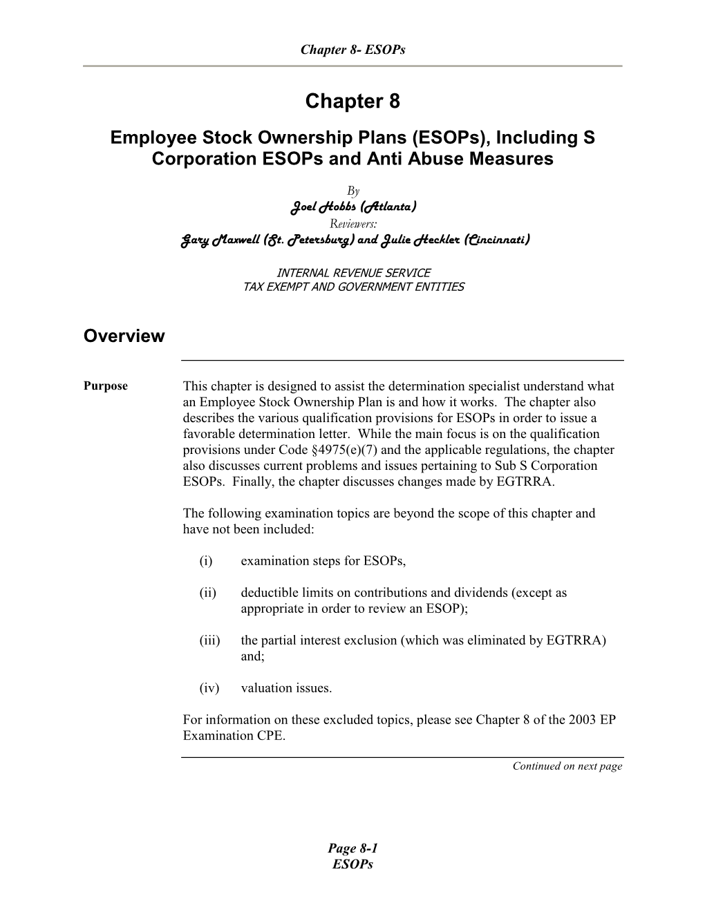 Employee Stock Ownership Plans (Esops), Including S Corporation Esops and Anti Abuse Measures