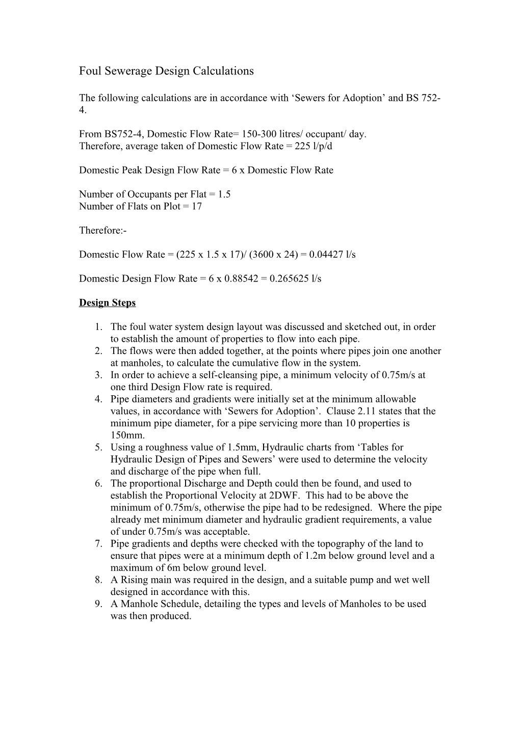 Foul Sewerage Design Calculations