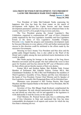 GOA FRONT RUNNER in DEVELOPMENT: VICE PRESIDENT LAUDS the PROGRESS MADE POST LIBERATION Panaji, January 9, 2021 Pausa 19, 1942