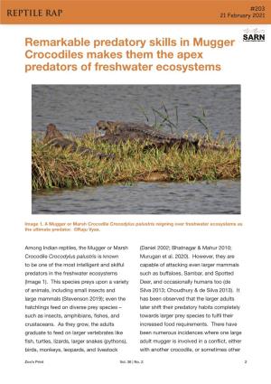 Remarkable Predatory Skills in Mugger Crocodiles Makes Them the Apex Predators of Freshwater Ecosystems