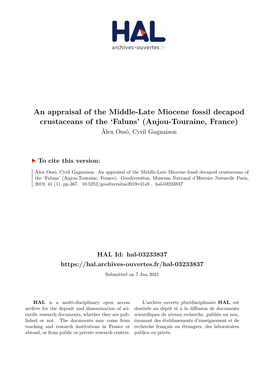 An Appraisal of the Middle-Late Miocene Fossil Decapod Crustaceans of the ‘Faluns’ (Anjou-Touraine, France) Àlex Ossó, Cyril Gagnaison