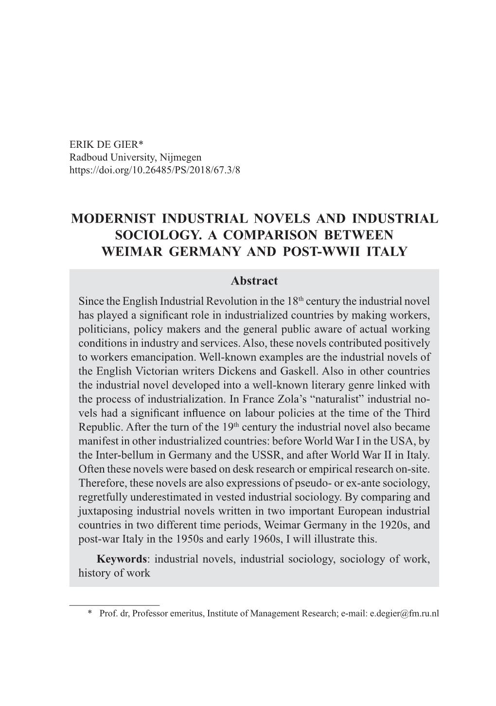 MODERNIST INDUSTRIAL NOVELS and INDUSTRIAL SOCIOLOGY. a COMPARISON BETWEEN WEIMAR GERMANY and POST-WWII ITALY