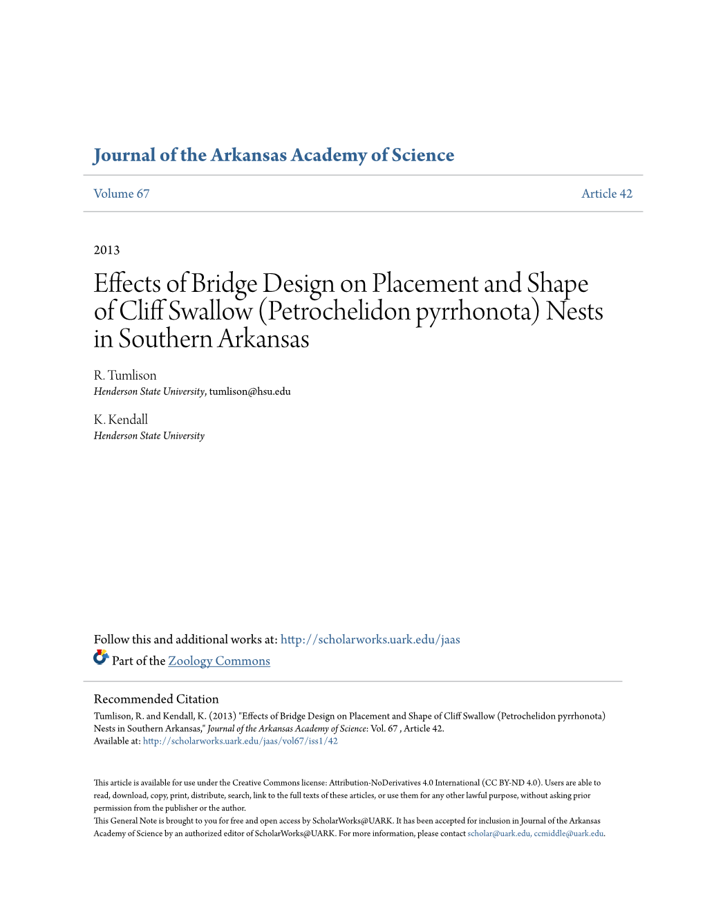Effects of Bridge Design on Placement and Shape of Cliff Swallow (Petrochelidon Pyrrhonota) Nests in Southern Arkansas