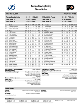 Tampa Bay Lightning Game Notes