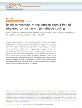 Rapid Termination of the African Humid Period Triggered by Northern High-Latitude Cooling