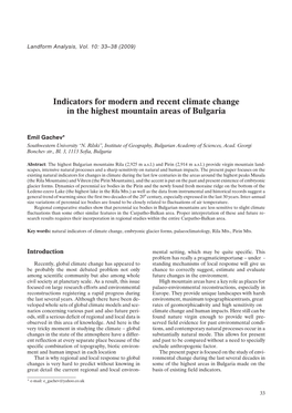 Indicators for Modern and Recent Climate Change in the Highest Mountain Areas of Bulgaria