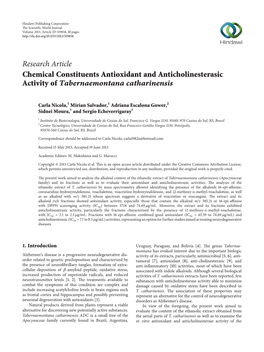 Chemical Constituents Antioxidant and Anticholinesterasic Activity of Tabernaemontana Catharinensis