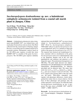 Saccharopolyspora Dendranthemae Sp. Nov. a Halotolerant Endophytic Actinomycete Isolated from a Coastal Salt Marsh Plant in Jiangsu, China