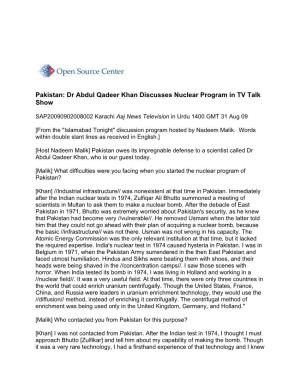 Pakistan: Dr Abdul Qadeer Khan Discusses Nuclear Program in TV Talk Show