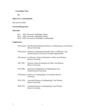 1 Curriculum Vitae of MELVYN C. GOLDSTEIN (Revised 4-6-2020)