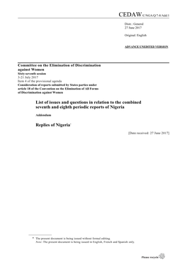 List of Issues and Questions in Relation to the Combined Seventh and Eighth Periodic Reports of Nigeria