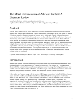The Moral Consideration of Artificial Entities: a Literature Review