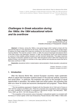Challenges in Greek Education During the 1960S: the 1964 Educational Reform and Its Overthrow