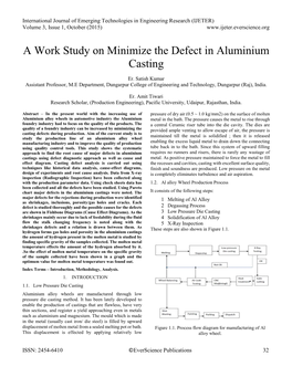 A Work Study on Minimize the Defect in Aluminium Casting