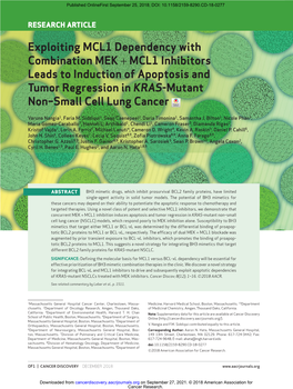 Exploiting MCL1 Dependency with Combination MEK + MCL1 Inhibitors Leads to Induction of Apoptosis and Tumor Regression in KRAS-Mutant Non–Small Cell Lung Cancer